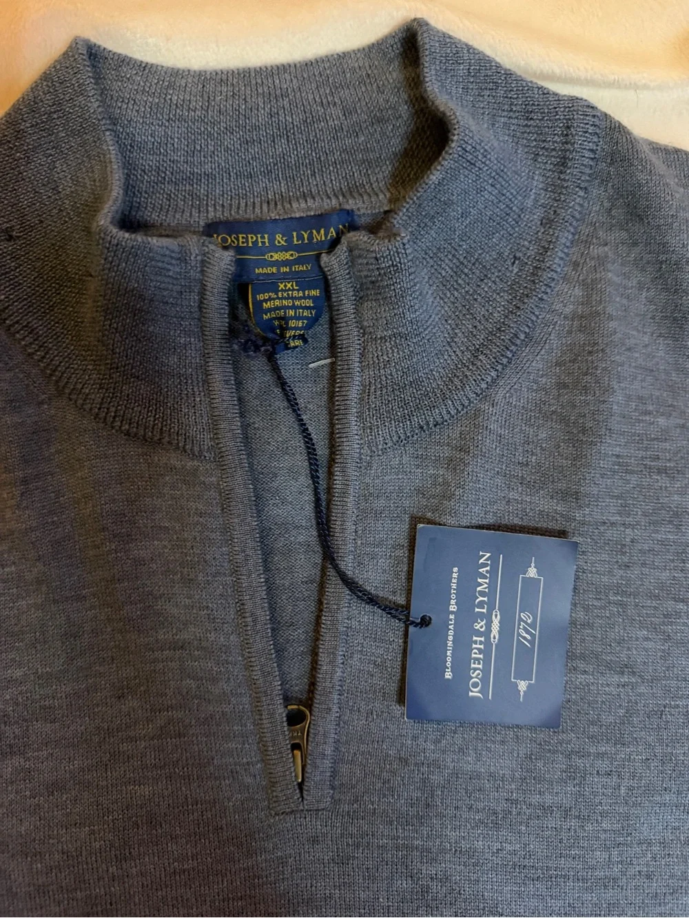 Joseph & Lyman Men’s XXL 100% Extra Fine Merino Wool Quarter Zip Sweater Italy N
